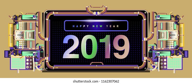 New year 2019 design template with machine background