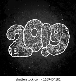 New year 2019 with exclamation point. Monster doodle date. Ornate holiday symbol. Vector illustration for prints and design on a blackboard.