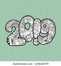 New year 2019 with exclamation point. Monster doodle date. Ornate holiday symbol. Vector illustration for prints, design and coloring pages.