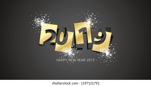 New Year 2019 firework spark design negative space numbers gold black background