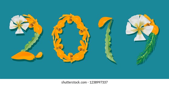New Year 2019 flowers and leaf on blue background, illustration vector.