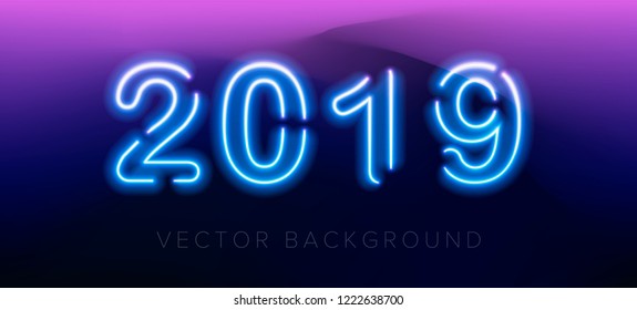 New year 2019 futuristic background. Glowing neon numbers on dark violet background. Synthwave/ retrowave/ cyberpunk style vector illustration for posters, cards.