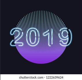New year 2019 futuristic background. Glowing neon numbers on dark background. Synthwave/ retrowave/ cyberpunk style vector illustration for posters, cards.