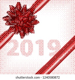 New Year 2019 gift bow. Greeting card vector. Holiday illustration for posters, banners and flyers.