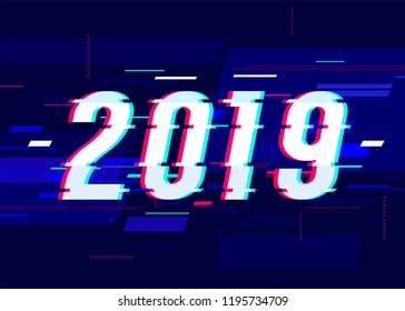 New year 2019 glitch design card. Modern colorful, creative number 