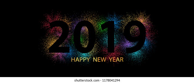 New year 2019. Glitter poster. Firework abstract poster. 2019 Year greeting. Winter holidays banner. Happy New Year. Sparkles sign. Trendy vector for web design, celebration printed products.