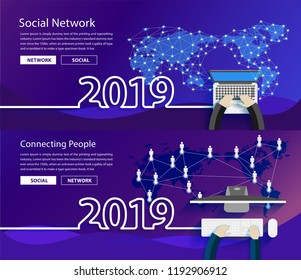 New year 2019 global network connection concepts. World map point and line composition concept of global business working laptop computer. Modern vector illustration layout template 