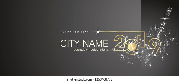 New Year 2019 gold clock firework midnight countdown celebrations black background