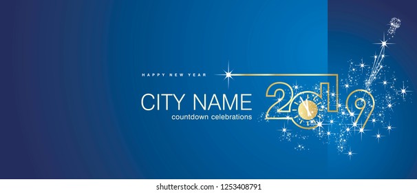 New Year 2019 gold clock firework midnight countdown celebrations blue background