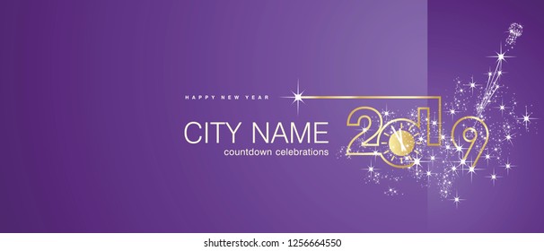 New Year 2019 gold clock firework midnight countdown celebrations purple background