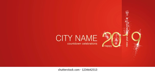New Year 2019 gold firework city countdown celebrations invitation red background