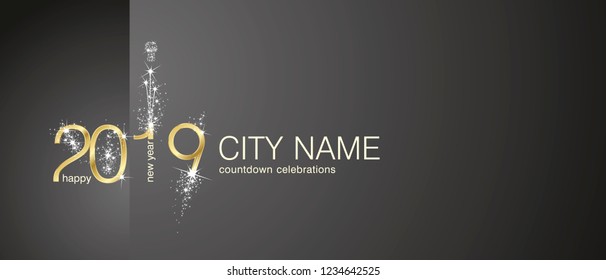 New Year 2019 gold firework countdown celebrations invitation black background