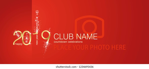 New Year 2019 gold firework countdown celebrations club invitation red background front side