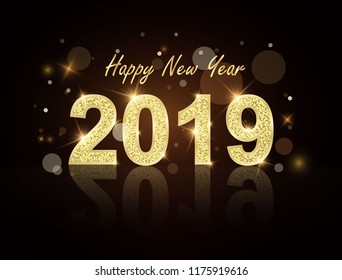 New Year 2019 gold label with gold glitter on a black background and load boards. Wishes card template vector illustration banner year.
