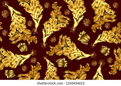 New year 2019, gold seamless background. Gifts, Christmas trees, stars, snowflakes. Maroon background.