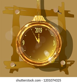 New year 2019 gold watch on decorative backdrop. Vector background.  