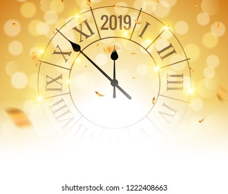 New Year 2019 golden shiny bokeh background poster with clock and confetti. Vector festive christmas card.