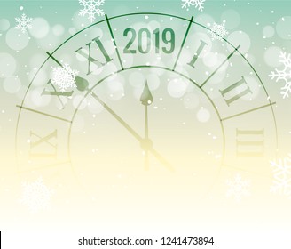 New Year 2019 golden shiny bokeh background poster with clock and confetti. Vector festive christmas card.