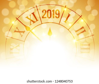 New Year 2019 golden shiny bokeh background poster with clock and confetti. festive christmas card.