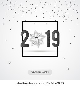 New year 2019 greeting card design with silver gift bow, confetti and border. Vector