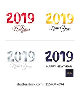 New Year 2019 greeting card set. Handmade red, gold, silver and black painted strips bent into numbers shapes. Vector illustration. Isolated on white background.