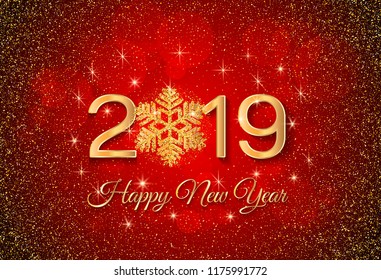 New Year 2019 greeting card. 2019 golden New Year sign with golden snowflake and glitter on red background. Vector illustration of happy new year 2019.