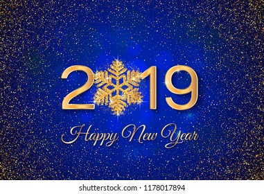 New Year 2019 greeting card. 2019 golden New Year sign with golden snowflake and glitter on dark blue background. Vector illustration of happy new year 2019.