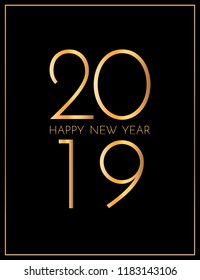 New Year 2019 greeting card. 2019 golden New Year sign on dark background. Vector illustration of happy new year 2019.