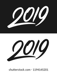 New Year 2019 greeting card template. Calligraphic number 2019 with smooth contour isolated on black and white backgrounds. Vector illustration.
