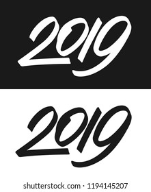New Year 2019 greeting card template. Calligraphic number 2019 with smooth contour isolated on black and white backgrounds. Vector illustration.