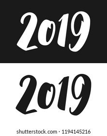 New Year 2019 greeting card template. Calligraphic number 2019 with smooth contour isolated on black and white backgrounds. Vector illustration.