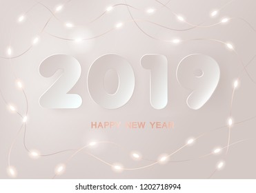 New Year 2019. Greeting card. Paper cut style with bright  shiny garland. Vector illustration. EPS 10.