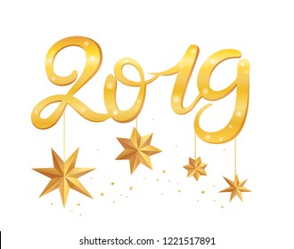 New year 2019 greeting card with volume gold lettering and shadow. Golden texture effect vector lettering for banners or card on a white background. Calligraphic hand drawn font. Font composition