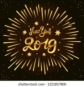 New year 2019 greeting card with gold texture lettering and stars. Golden texture effect vector lettering for banners or card on a dark brown background. Calligraphic hand drawn font. Font composition