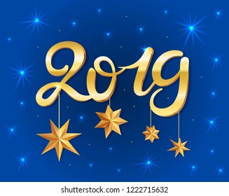 New year 2019 greeting card with gold texture volume lettering and stars. Golden texture effect vector lettering for banners or card on a dark blue background. Calligraphic hand drawn font. Font compo