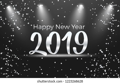 New Year 2019 greeting card. 2019 silver New Year sign with silver snowflake and glitter on dark background vector illustration.