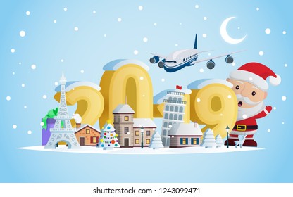 New year 2019. Greeting card. Santa Claus and volumetric numbers 2019. The winter vacation.  A small town in the mountains at night. Christmas travel vector illustration.