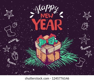 New Year 2019 greeting card decorate gift box, branch. Vector illustration. lettering happy New Year. Hand drawing. banner template, greeting card.