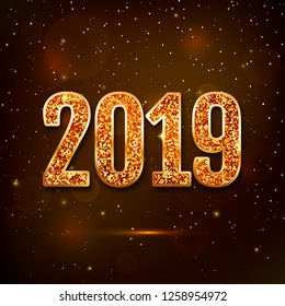 New Year 2019 greeting card. Vector illustration with glittering number 2019.