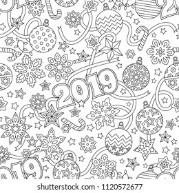 New year 2019 hand drawn outline festive seamless pattern with snowflakes, christmas balls and stars isolated on white background. coloring antistress book for adult. Art vector illustration.