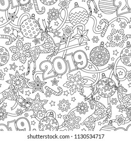 New year 2019 hand drawn outline festive seamless pattern with snowflakes, christmas balls, deers and stars isolated on white background. coloring antistress book for adult. Art vector illustration.