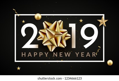 New year 2019 happy christmas card background. New Year celebration abstract typography with golden bow.