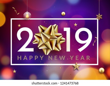 New year 2019 happy christmas card background. New Year celebration abstract typography with golden bow.