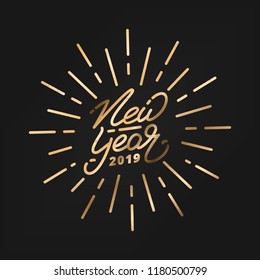 New Year 2019. Happy New Year 2019 gold hand lettering label. Hand drawn logo for New Year card, poster, design etc