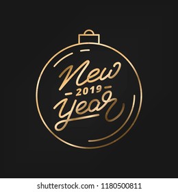 New Year 2019. Happy New Year 2019 gold hand lettering label. Hand drawn logo for New Year card, poster, design etc