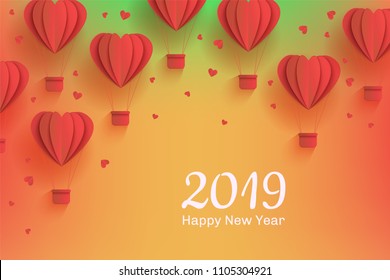 New year 2019 holiday Background template with papercut red air balloons. Celebration backdrop with modern origami paper flying objects and space for text. Vector illustration