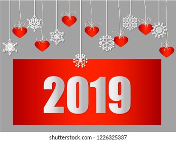 New Year 2019. Horizontal background with hanging white snowflakes and and red hearts cut from paper. Holiday banner with sparkling Christmas ornaments. Vector illustration