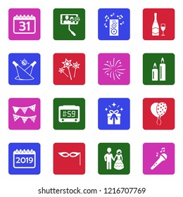 New Year 2019 Icons. White Flat Design In Square. Vector Illustration. 