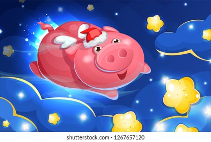 New year 2019 illustration, pig. Cartoon colors illustration.Symbol of year, Christmas card. New year character.