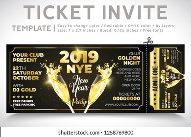 New Year 2019. Invitation Ticket. Ticket party, new year invite. gold champagne. elegant holiday party invitation. Flyers. 2019. invitations. invitation card. Eve 2019